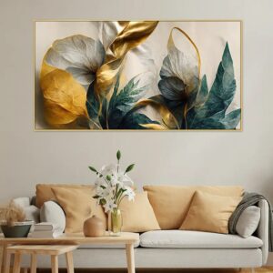 Dekorstation Abstract Elegant Golden Canvas Floral Framed Painting